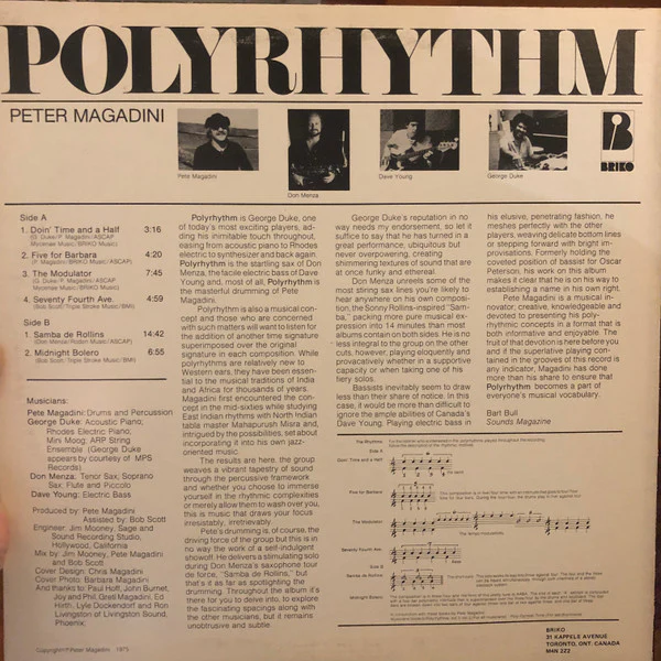 Pete Magadini, Don Menza, Dave Young , George Duke - Polyrhythm (LP, Album) (Very Good Plus (VG+)) - Image 2