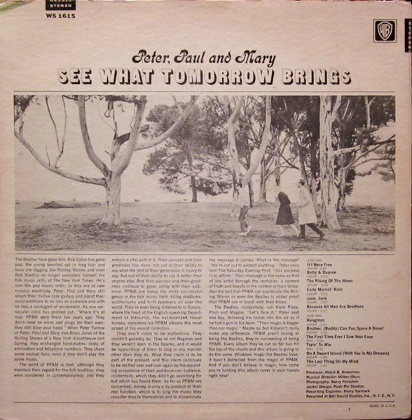 Peter, Paul & Mary - See What Tomorrow Brings (LP, Album, Gol) (Very Good Plus (VG+)) - Image 2