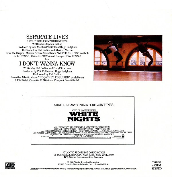 Phil Collins And Marilyn Martin - Separate Lives (Love Theme From White Nights) (7", Spe) (Very Good Plus (VG+)) - Image 2