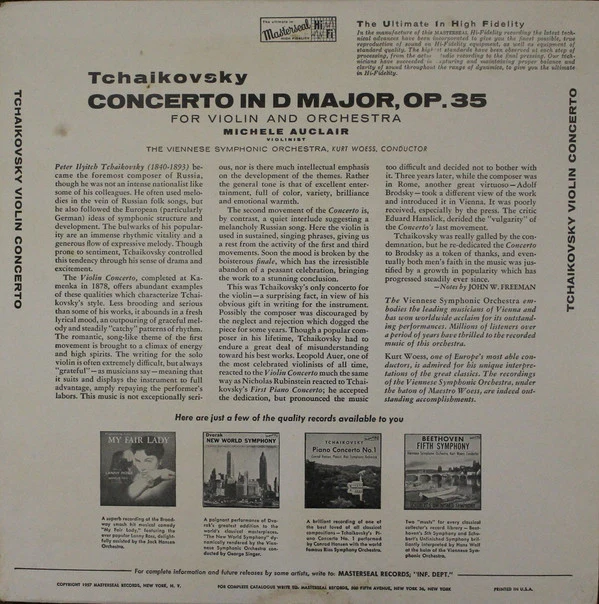 Pyotr Ilyich Tchaikovsky - Michèle Auclair, Tonkünstler Orchestra - Concerto In D Major, Op.35 (LP, Album) (Very Good Plus (VG+)) - Image 2