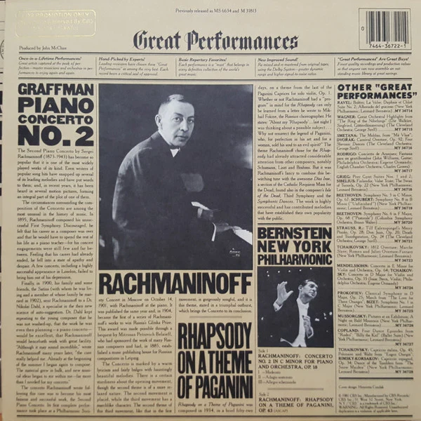 Sergei Vasilyevich Rachmaninoff - Gary Graffman, Leonard Bernstein, New York Philharmonic - Piano Concerto No. 2 / Rhapsody On A Theme Of Paganini (LP, RE, RM) (Near Mint (NM or M-)) - Image 2