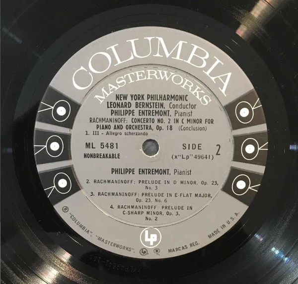 Sergei Vasilyevich Rachmaninoff : Philippe Entremont, Leonard Bernstein, New York Philharmonic - Concerto No. 2 / Three Preludes For Piano: No. 3 In D Minor, Op. 23 / No. 6 In E-Flat Major, Op. 23 / No. 2 In C-Sharp Minor, Op. 3 (LP, Mono) (Very Good (V - Image 4