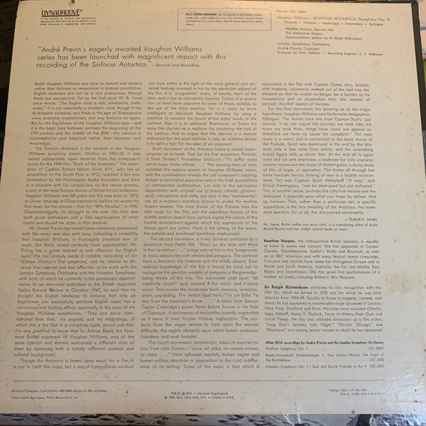 Ralph Vaughan Williams, André Previn, London Symphony Orchestra, Heather Harper, The Ambrosian Singers, Ralph Richardson - Sinfonia Antartica (LP) (Near Mint (NM or M-)) - Image 2