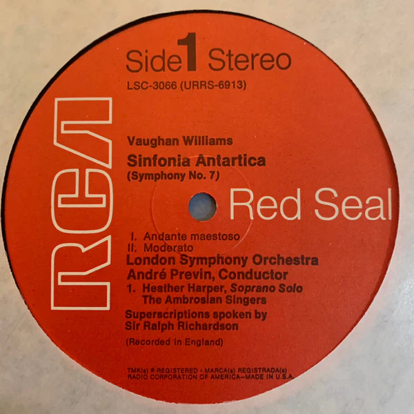 Ralph Vaughan Williams, André Previn, London Symphony Orchestra, Heather Harper, The Ambrosian Singers, Ralph Richardson - Sinfonia Antartica (LP) (Near Mint (NM or M-)) - Image 3