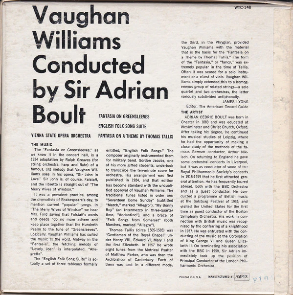 Ralph Vaughan Williams, Vienna State Opera Orchestra*, Sir Adrian Boult - Fantasia On Greensleeves - English Folk Song Suite - Fantasia On A Theme By Thomas Tallis (Reel, 4tr Stereo, 7" Reel) (Very Good Plus (VG+)) - Image 2
