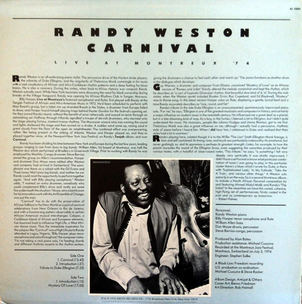 Randy Weston - Carnival (Live At Montreux '74) (LP, Album, San) (Very Good Plus (VG+)) - Image 2