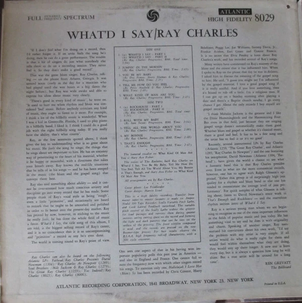Ray Charles - What'd I Say (LP, Album, Mono, RE) (Very Good Plus (VG+)) - Image 2