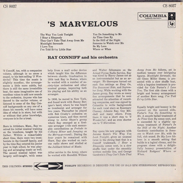Ray Conniff & His Orchestra - 'S Marvelous (LP, Album, RE) (Very Good (VG)) - Image 2