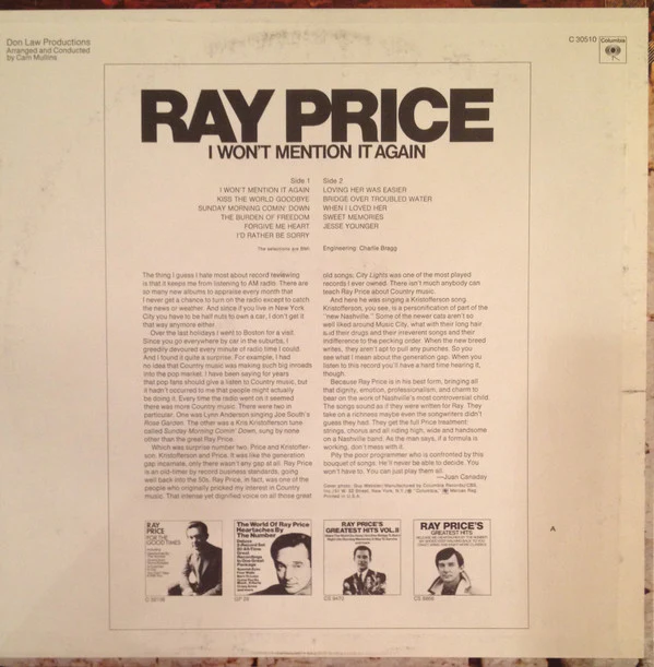 Ray Price - I Won't Mention It Again (LP, Album) (Very Good Plus (VG+)) - Image 2