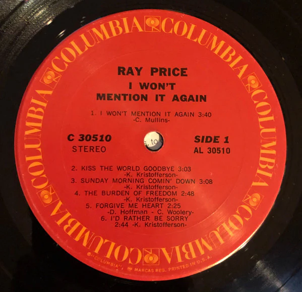 Ray Price - I Won't Mention It Again (LP, Album) (Very Good Plus (VG+)) - Image 3