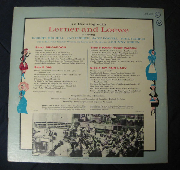 RCA Victor Symphony Orchestra And RCA Victor Chorus - An Evening with Lerner & Loewe: Brigadoon / Paint Your Wagon / Gigi / My Fair Lady (2xLP, Album, Mono, Gat) (Very Good (VG)) - Image 2
