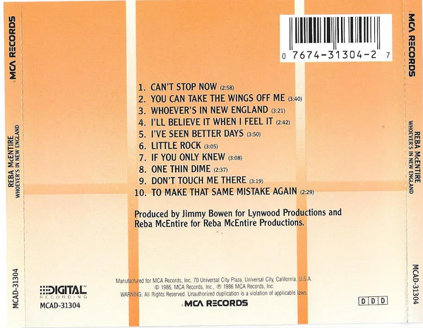 Reba McEntire - Whoever's In New England (CD, Album, RE) (Very Good Plus (VG+)) - Image 2
