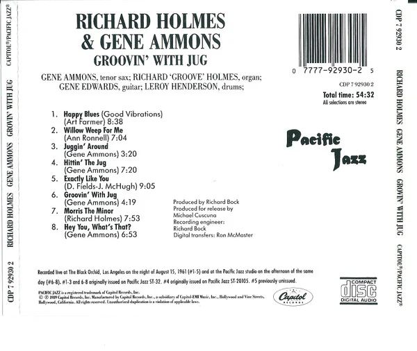 Richard "Groove" Holmes & Gene Ammons - Groovin' With Jug (CD, Comp, RE) (Near Mint (NM or M-)) - Image 2