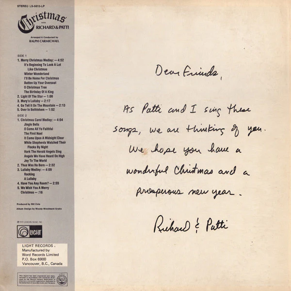 Richard & Patti Roberts - Christmas With Richard And Patti (LP, Album) (Very Good Plus (VG+)) - Image 2