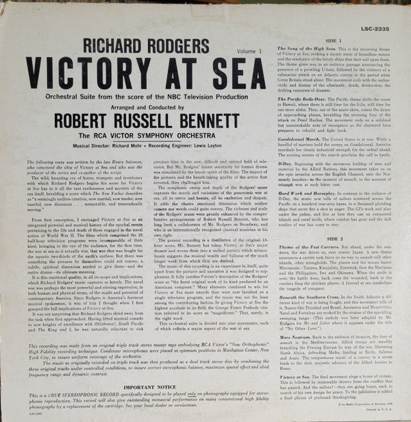 Richard Rodgers / Robert Russell Bennett - Victory At Sea Volume I (LP, Album) (Very Good Plus (VG+)) - Image 2