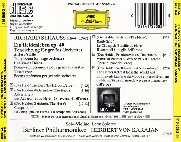 Richard Strauss – Berliner Philharmoniker ∙ Herbert von Karajan - Ein Heldenleben (CD, Album) (Near Mint (NM or M-)) - Image 2