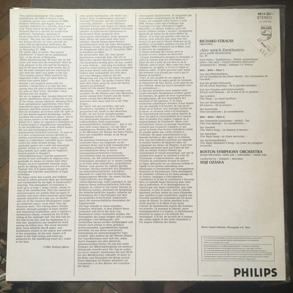 Richard Strauss / Joseph Silverstein, Boston Symphony Orchestra, Seiji Ozawa - Also Sprach Zarathustra (LP) (Near Mint (NM or M-)) - Image 2