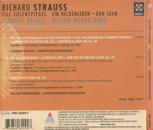 Richard Strauss – Willem Mengelberg, Concertgebouworkest / Clemens Krauss, Wiener Philharmoniker - Till Eulenspiegel • Ein Heldenleben • Don Juan (CD, Comp, Mono, RE, RM, Gat) (Near Mint (NM or M-)) - Image 2