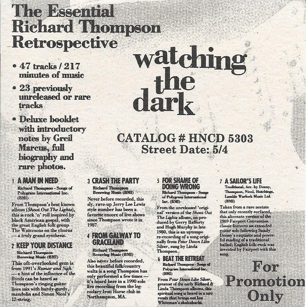 Richard Thompson - Watching The Dark Sampler (The History Of Richard Thompson) (CD, Comp, Promo, Smplr) (Near Mint (NM or M-)) - Image 4