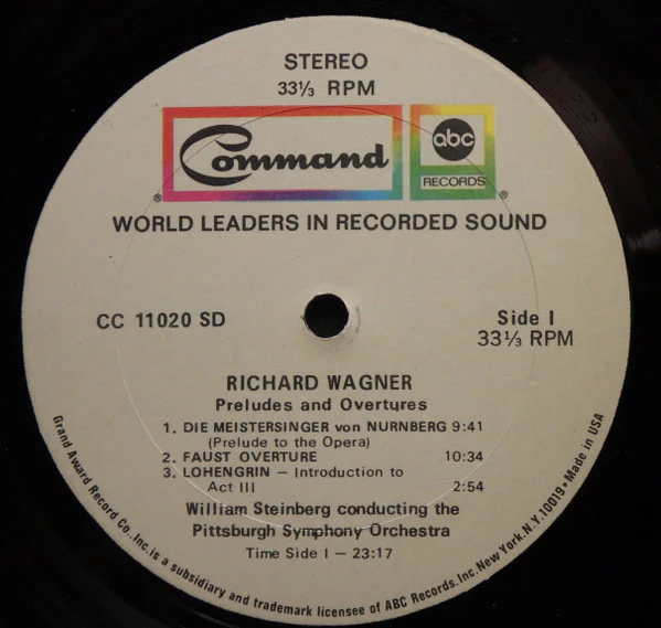 Richard Wagner - William Steinberg, The Pittsburgh Symphony Orchestra - Preludes And Overtures (LP, Album, Gat) (Very Good Plus (VG+)) - Image 3