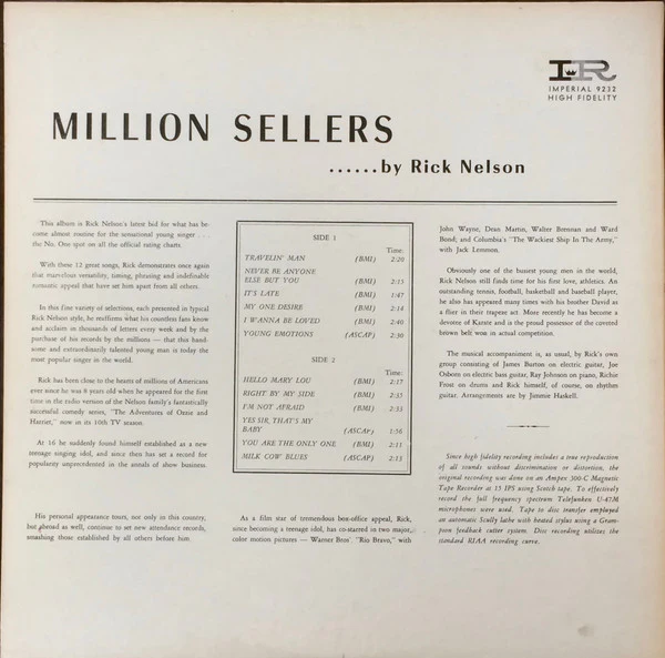 Ricky Nelson - Million Sellers (LP, Comp, Mono, RP, Pit) (Good Plus (G+)) - Image 2