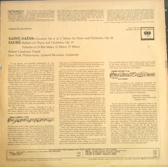 Robert Casadesus / Camille Saint-Saëns / Gabriel Fauré - Concerto No. 4 For Piano And Orchestra / Ballade For Piano And Orchestra (LP, RE) (Near Mint (NM or M-)) - Image 2