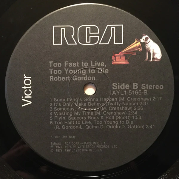 Robert Gordon - Too Fast To Live, Too Young To Die (LP, Comp, Ind) (Near Mint (NM or M-)) - Image 3