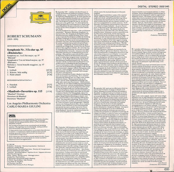 Robert Schumann, Carlo Maria Giulini, Los Angeles Philharmonic Orchestra - Symphonie No. 3 »Rheinische« / Manfred-Ouvertüre (LP, RP) (Very Good Plus (VG+)) - Image 2