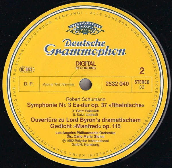 Robert Schumann, Carlo Maria Giulini, Los Angeles Philharmonic Orchestra - Symphonie No. 3 »Rheinische« / Manfred-Ouvertüre (LP, RP) (Very Good Plus (VG+)) - Image 4