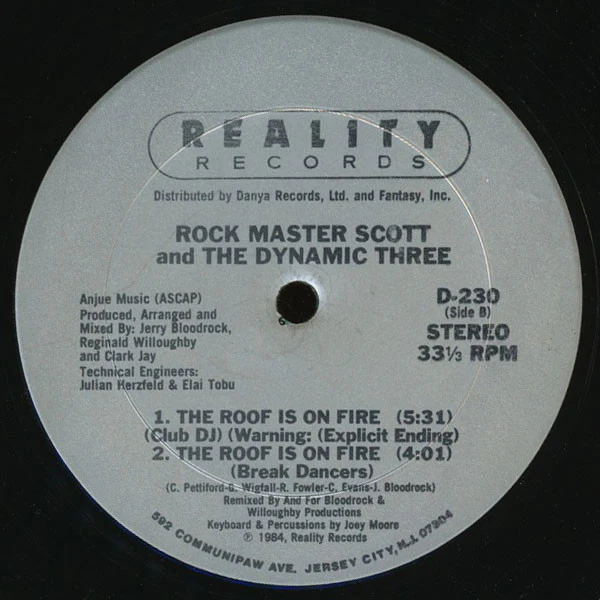 Rock Master Scott And The Dynamic Three - Request Line / The Roof Is On Fire (12") (Very Good (VG)) - Image 2