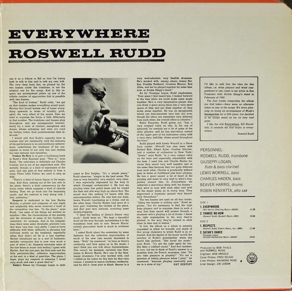 Roswell Rudd - Everywhere (LP, Album, RE, Gat) (Very Good Plus (VG+)) - Image 3