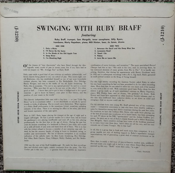 Ruby Braff - Swinging With Ruby Braff (LP, Mono) (Near Mint (NM or M-)) - Image 2