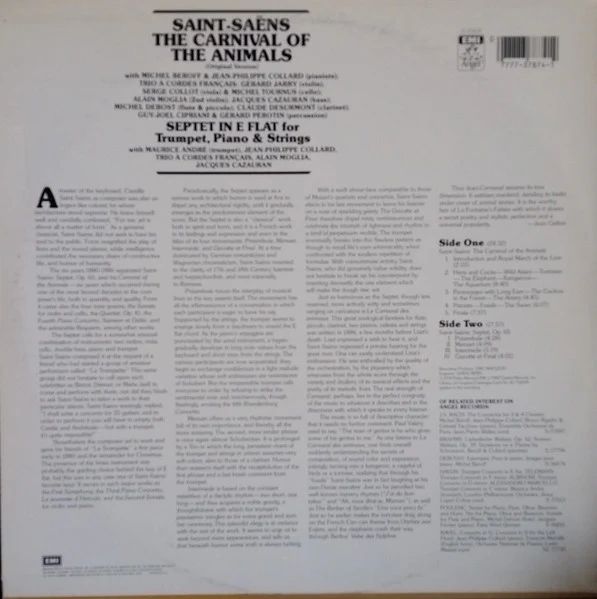Camille Saint-Saëns - Michel Béroff, Jean-Philippe Collard, Maurice André - The Carnival Of The Animals (Original Version) / Septet For Trumpet, Piano And Strings (LP) (Near Mint (NM or M-)) - Image 2