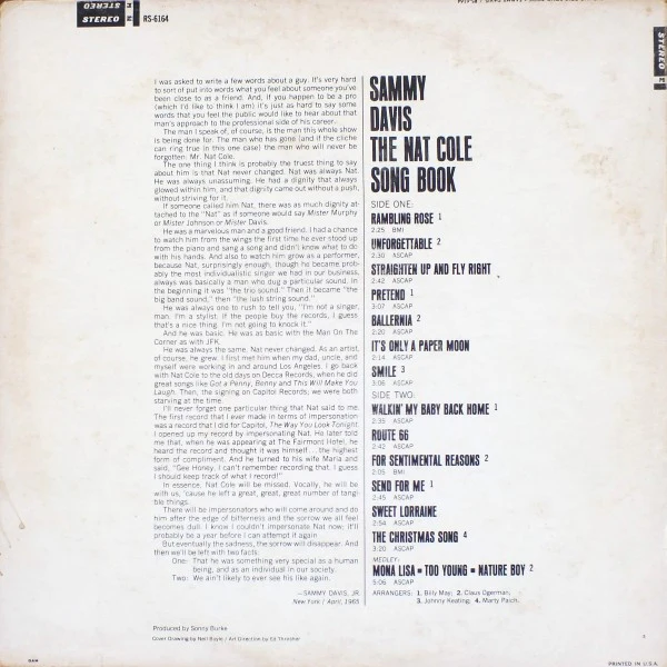 Sammy Davis Jr. - The Nat King Cole Song Book By Sammy (LP, Album) (Very Good (VG)) - Image 3