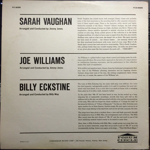 Sarah Vaughan, Joe Williams, Billy Eckstine - Sarah Vaughan / Joe Williams / Billy Eckstine (LP, Comp) (Near Mint (NM or M-)) - Image 2