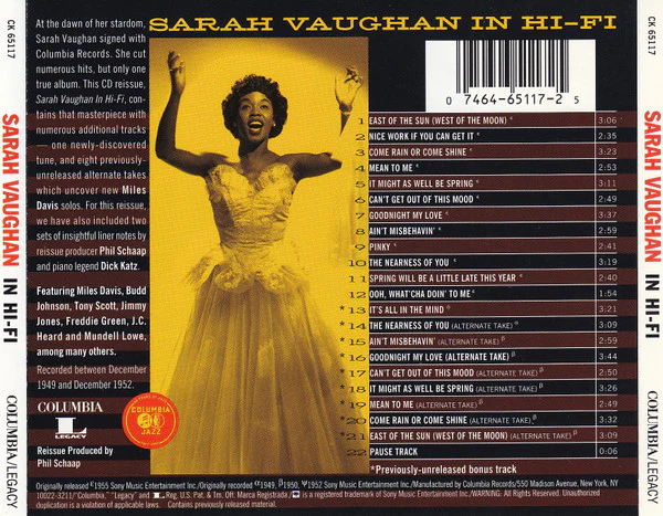 Sarah Vaughan - Sarah Vaughan In Hi-Fi (CD, Album, RE, RM) (Very Good Plus (VG+)) - Image 2