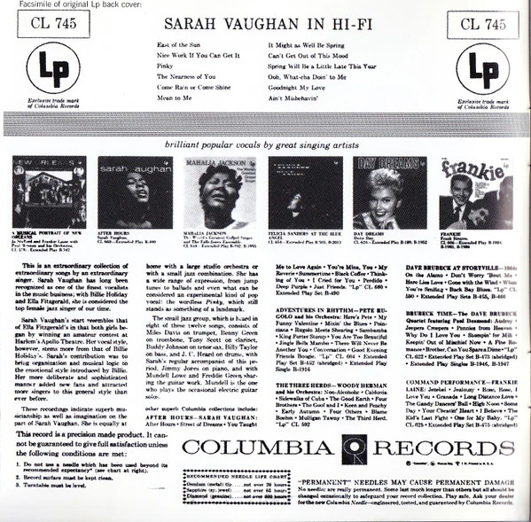 Sarah Vaughan - Sarah Vaughan In Hi-Fi (CD, Album, RE, RM) (Very Good Plus (VG+)) - Image 4