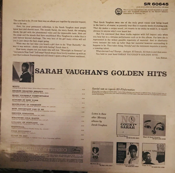 Sarah Vaughan - Sarah Vaughan's Golden Hits (LP, Comp) (Very Good Plus (VG+)) - Image 3
