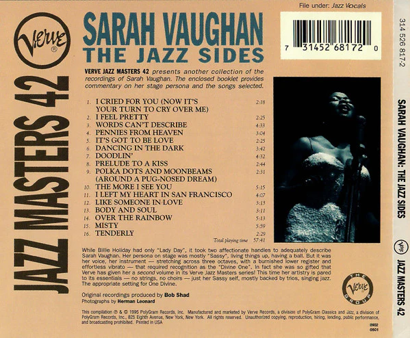 Sarah Vaughan - The Jazz Sides - Verve Jazz Masters 42 (CD, Comp) (Very Good Plus (VG+)) - Image 2