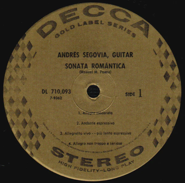 Andrés Segovia, Mario Castelnuovo Tedesco, Manuel María Ponce Cuéllar - Second Series From Platero And I / Sonata Romanticá (LP, RE, Glo) (Near Mint (NM or M-)) - Image 3