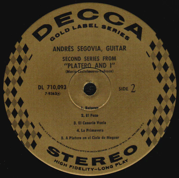 Andrés Segovia, Mario Castelnuovo Tedesco, Manuel María Ponce Cuéllar - Second Series From Platero And I / Sonata Romanticá (LP, RE, Glo) (Near Mint (NM or M-)) - Image 4