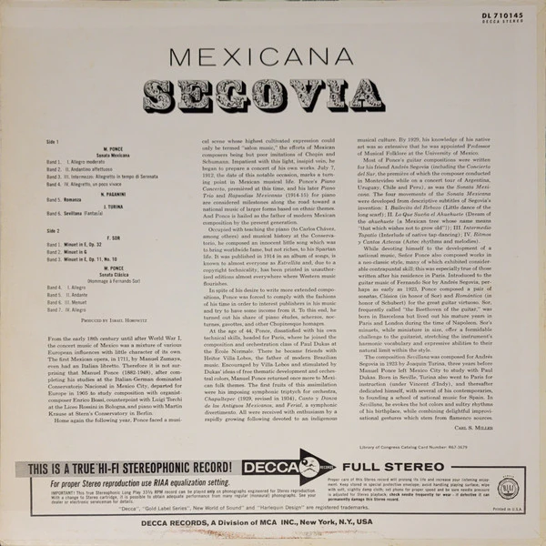 Andrés Segovia - Mexicana (LP, Album, Glo) (Very Good Plus (VG+)) - Image 2