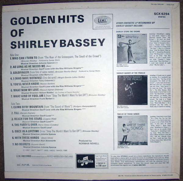 Shirley Bassey - Golden Hits Of Shirley Bassey (LP, Comp, RP) (Very Good Plus (VG+)) - Image 2