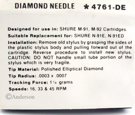 4761-DE Pfanstiehl * Shure N-91 Elliptical Stylus - Image 2