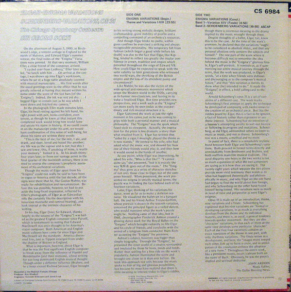 Sir Edward Elgar & Arnold Schoenberg, Chicago Philharmonic Orchestra, Georg Solti - Enigma Variations; Variations, Op. 31 (LP) (Very Good Plus (VG+)) - Image 2