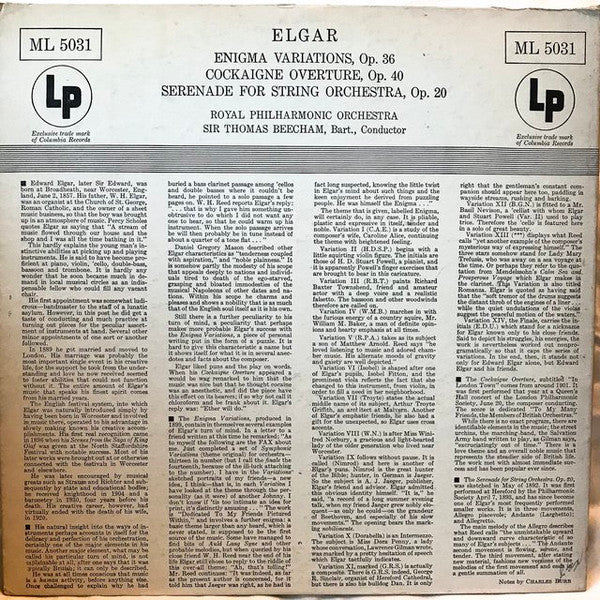 Sir Thomas Beecham, The Royal Philharmonic Orchestra, Sir Edward Elgar - Elgar: Enigma Variations, Op. 36 - Cockaigne Overture, Op. 40 - Serenade For String Orchestra, Op. 20 (LP, Album, Mono) (Very Good (VG)) - Image 2