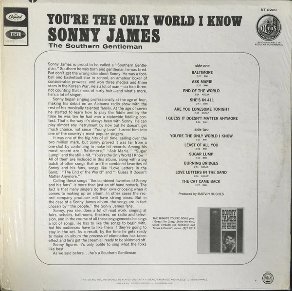 Sonny James - You're The Only World I Know (LP, Album) (Very Good Plus (VG+)) - Image 2