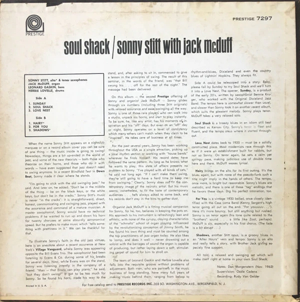 Sonny Stitt With Brother Jack McDuff - Soul Shack (LP, Album, Mono) (Mint (M)) - Image 2