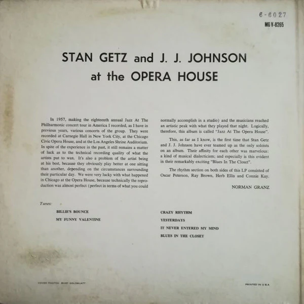 Stan Getz And J.J. Johnson - At The Opera House (LP, Album) (Very Good Plus (VG+)) - Image 2