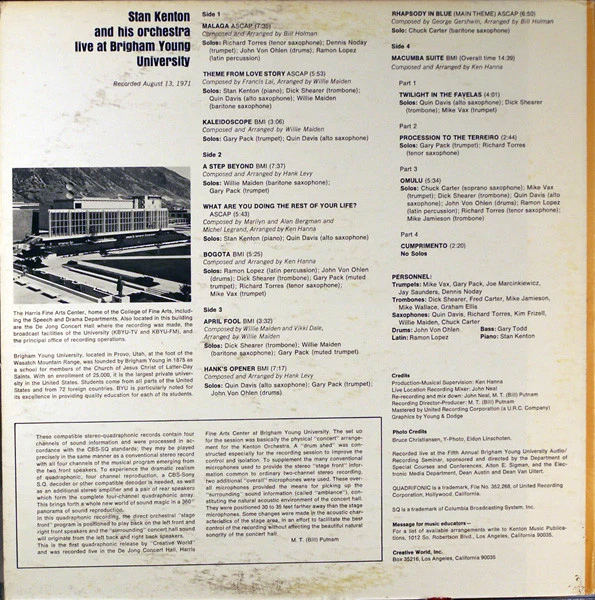 Stan Kenton And His Orchestra - Live At Brigham Young University (2xLP, Quad) (Very Good Plus (VG+)) - Image 4